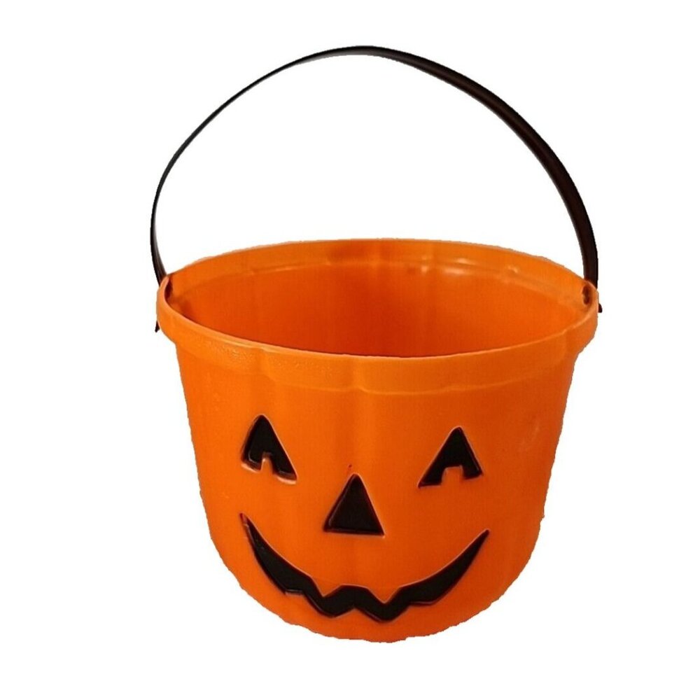 Vintage Pumpkin Candy Bucket 1980s Jack O Lantern Orange Molded